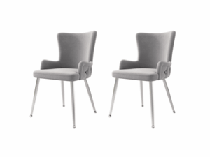 Chaise Velours Gris Pieds Métal Argenté – Lot de 2